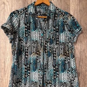 Blue & Black Geometric Retro Print Short Sleeve Women's Top